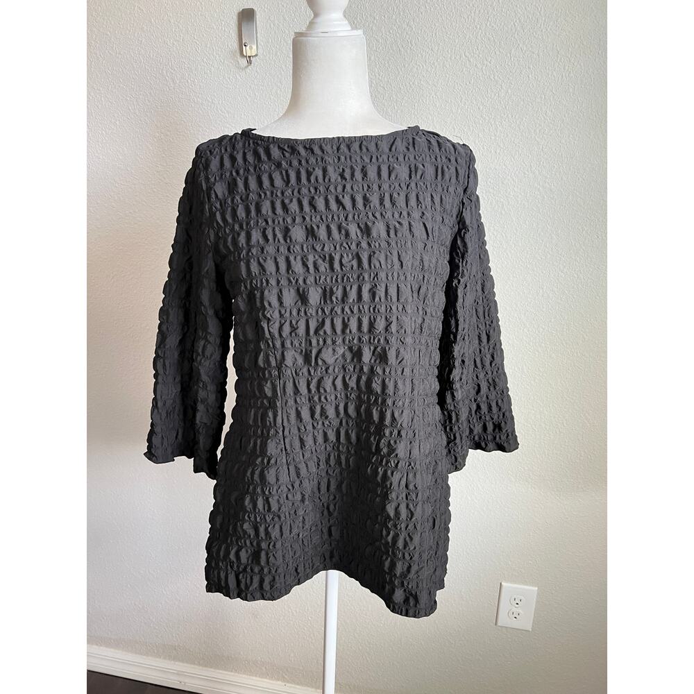 IC by Connie K Black Crinkle Texure Blouse Women's M Wide Sleeve Whimsigoth Top - Picture 2 of 8